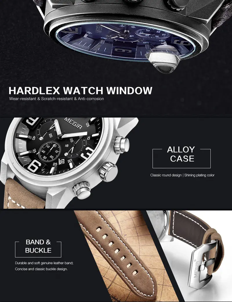 Часы наручные MEGIR мужские с хронографом роскошные Брендовые спортивные