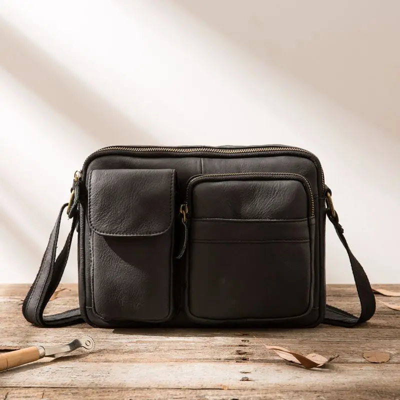 Ipad Small Bag Leather Crossbody Bag Casual Korean Retro Leather Men Bag Men's Shoulder Messenger Bag Black Vintage Soft Zipper