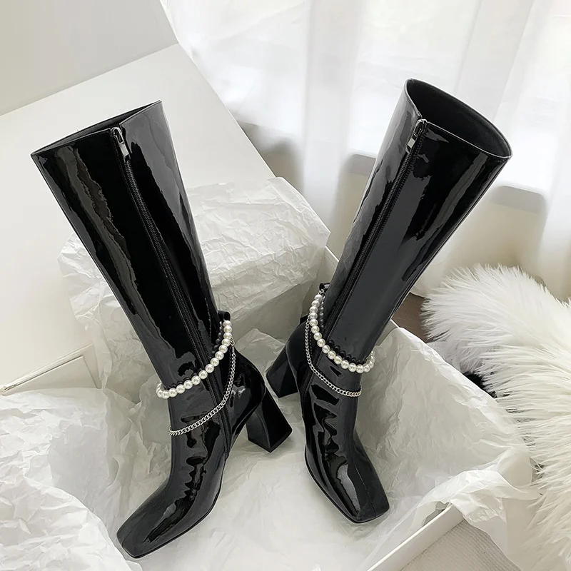 

2021 Fashion High Modern Boots Women Genuine Leather Thick Heels Shoes Woman Concise Working Knee High Boots