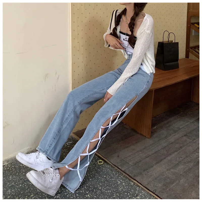 Patchwork Stitched Split Denim Long Pants Women 2021 Autumn Sexy Straight Casual Loose Lace Up Wide Leg Denim Pants Street Style