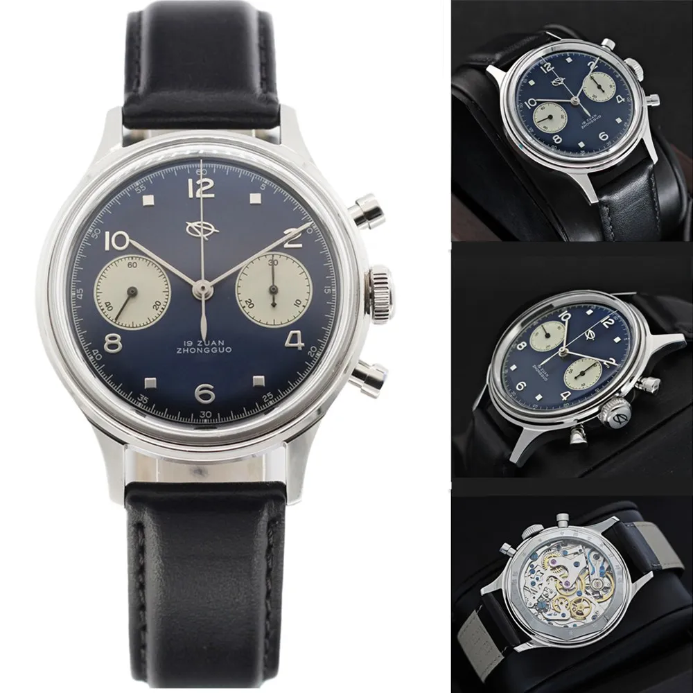 

Men Military Pilot Chronograph Watches Hand Wind Seagull 1963 Movement 3D Acrylic Sport Men's Mechanical Watch with Swan-neck