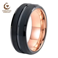 8mm mens womens wedding band black rose gold tungsten carbide ring with center grooved beveled brushed finish comfort fit