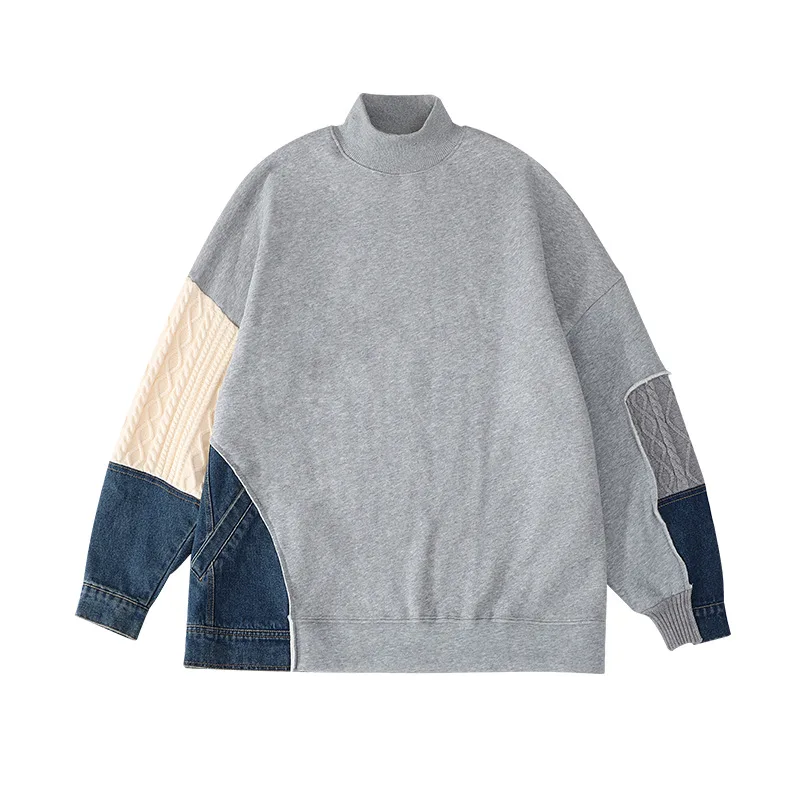 

Denim Contrast High Collar Pullover Solid Medium Length Hoodies Winter 2020 New Plush Tops Thickened Multi Fabric Splicing