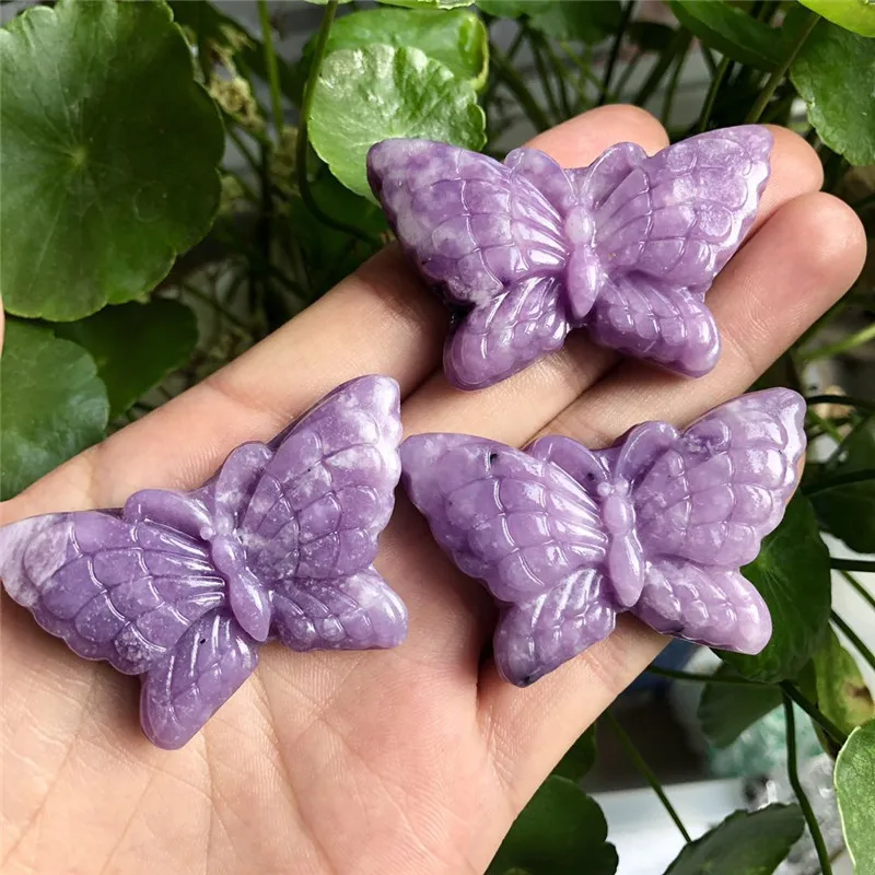 

Natural Quartz Crafts Carved Crystal Butterfly Reiki Healing Stones Lepidolite Flower For Home Decoration