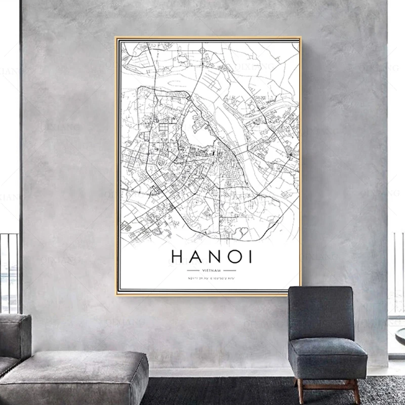 Карта города Ханой принты вьетнамская черная белая карта холст плакат