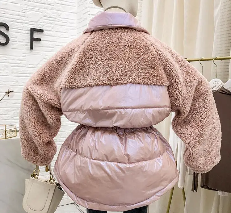 Mooirue Winter Casual Parkas Sherpa Fleece Patchwork Drawstring Lace Up Vintage Coats Harajuku Jackets Female white Coats