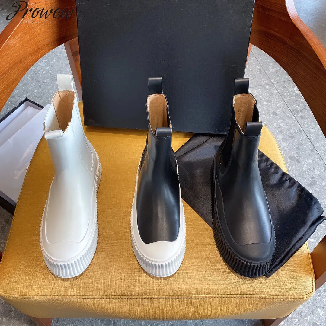 

Prowow 2021 Spring Autumn Women Boots Thick Bottom Boots Round Toe Genuine Leather Women Shoes Comfort Boots Woman Slip-On Shoes