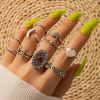 10pcsset vintage carved joint ring set starfish love heart flower moon opening ring for women jewelry gift