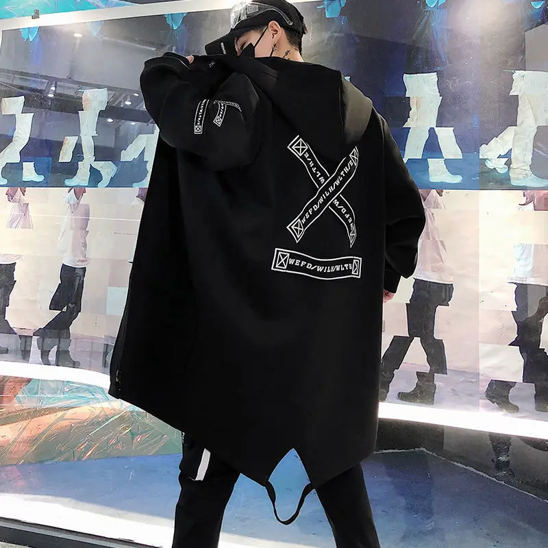 

Black Hip Hop Overcoat Men Funny Cool Coat Casual Streetwear Man Loose Korean Jacket Autumn High Street Hoodies Sweatshirt Male
