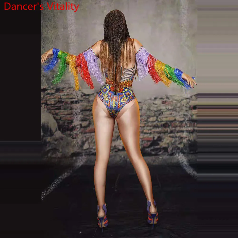 Women Singer Model Dance Group DJ Disco Performance Costume Stretch Colorful Tassel Diamond Leotard Pole Jazz Dancing Stage Wear |