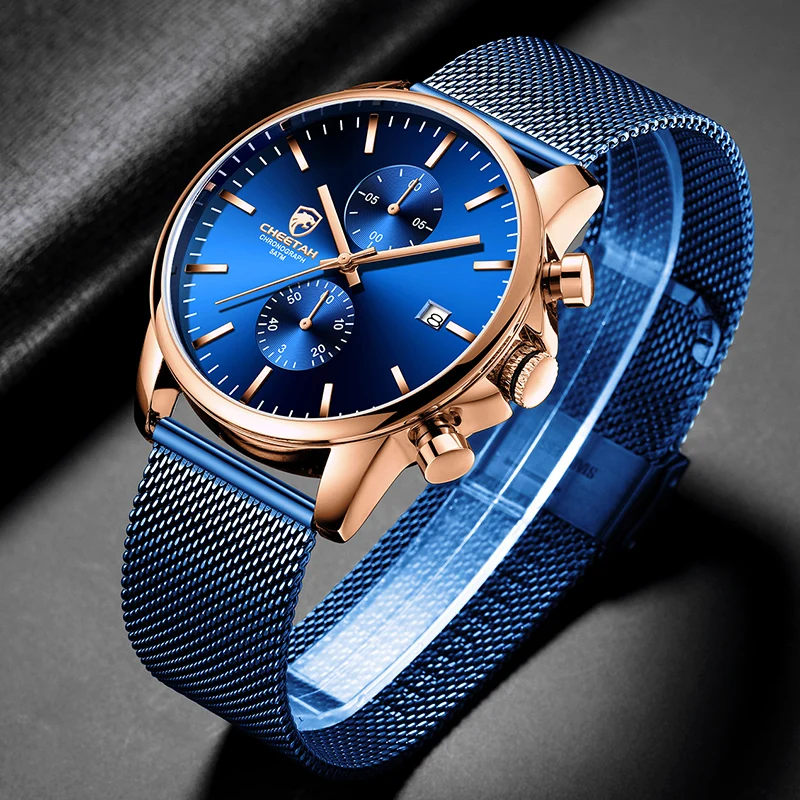 

Men Watch New CHEETAH Top Brand Stainless Steel Waterproof Chronograph Watches Mens Business Blue Quartz Wristwatch reloj hombre