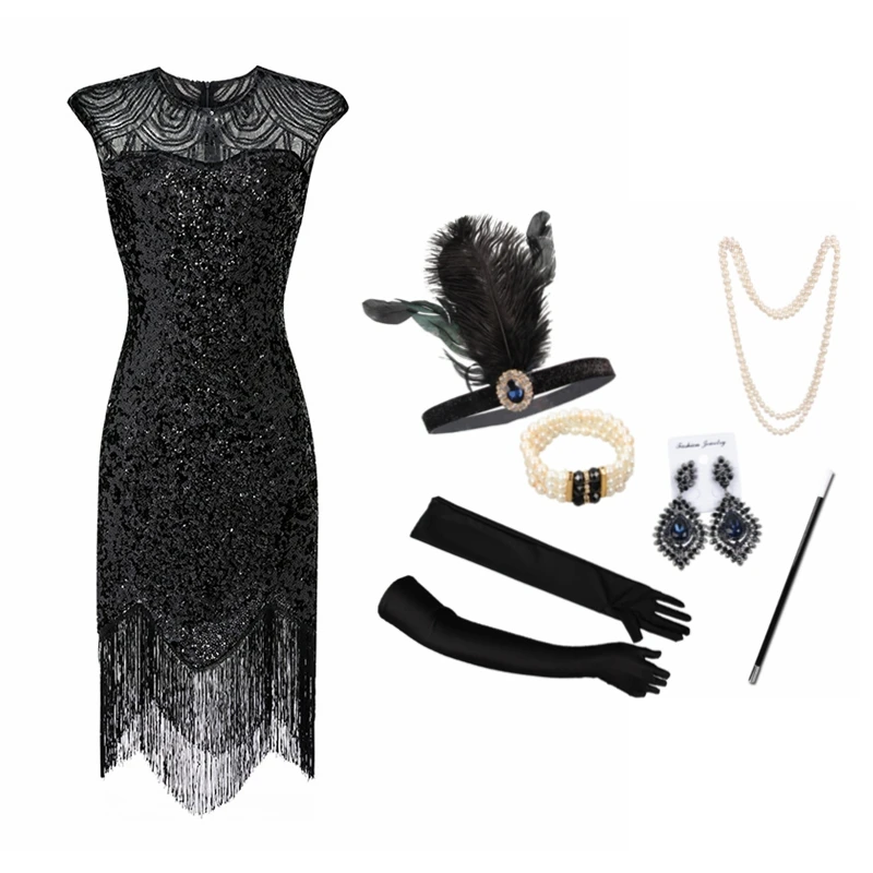 1920s Flapper Dress Costume Great Gatsby Party Evening Sequins Fringed Dresses Gown Cosplay with 20s Accessories Set S-XXXL