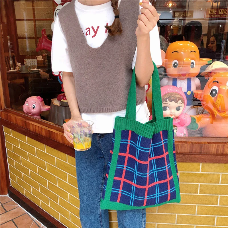 

Women Knitting Wool Bag Contrast Color Checked Shoulder Bag Simple College Students Cloth Handbag Tote Winter Warm Woolen Bags