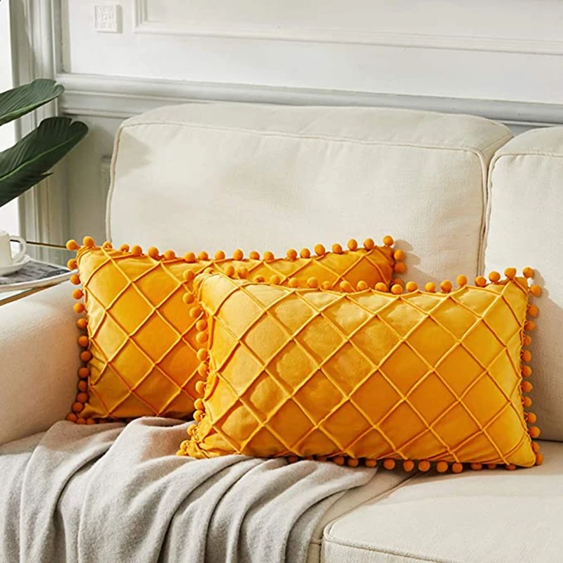 

2022 Nordic Style Velvet Lumbar Waist Throw Pillow with Pom Pom Simple Solid Color Decorative Rectangle Cushion Case