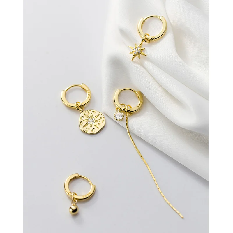 925 Sterling Silver Circle Round Star Drop Earrings for Women Asymmetry Zircon Tassel Chain Simple Hoop Fine Jewelry | Украшения и