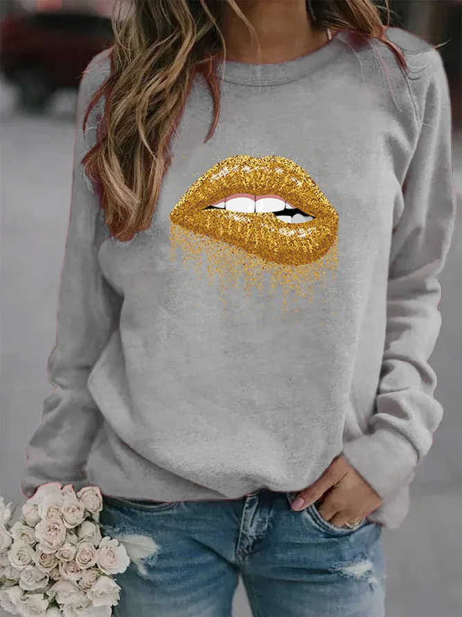 

Golden Lip Printed Hoodies Women Fleece Long Sleeve O Neck Loose Sweatshirt Girls Women Hoodie Pullovers Winter