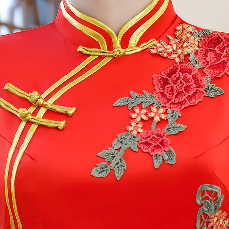 Красное Длинное Платье-Ципао в китайском стиле с коротким рукавом женские