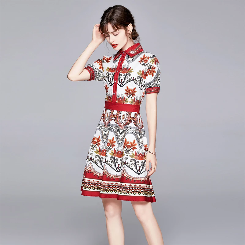 

2021 Runway Shirt Collar Single Breasted Summer Party Vestidos Vintage Maple Leaf Short Sleeve Slim Button Women Dress 5639