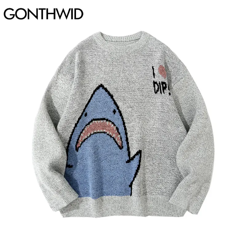 

Свитер GONTHWID Мужской трикотажный, уличная одежда в стиле Харадзюку, джемпер с мультяшными акулами, повседневный свободный трикотажный свите...