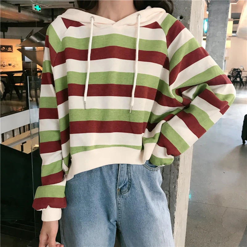 

Striped Women Long Hoodie Sweatshirt Pullover Loose Long Sleeve Casual Striped Vintage Preppy Pullovers Harajuku Student 2021