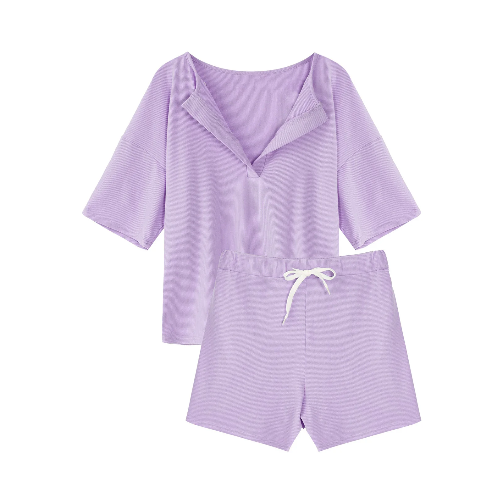 2Pcs Womens Ribbed Knit Pajama Sets Short Sleeve Top and Shorts Sleepwear Sweatsuit Outfits with Pockets