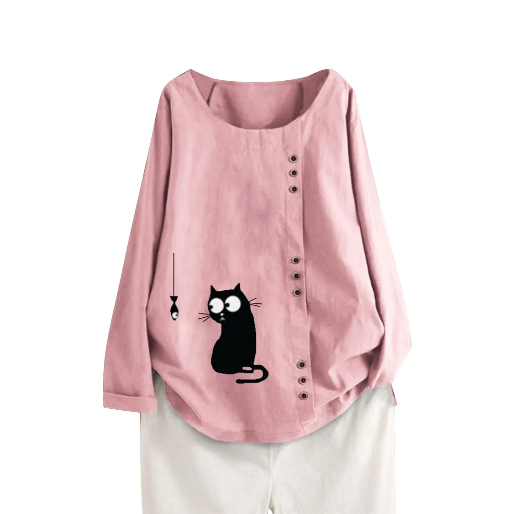 Женская Осенняя хлопковая рубашка с длинными рукавами и принтом кошек kawaii 5XL