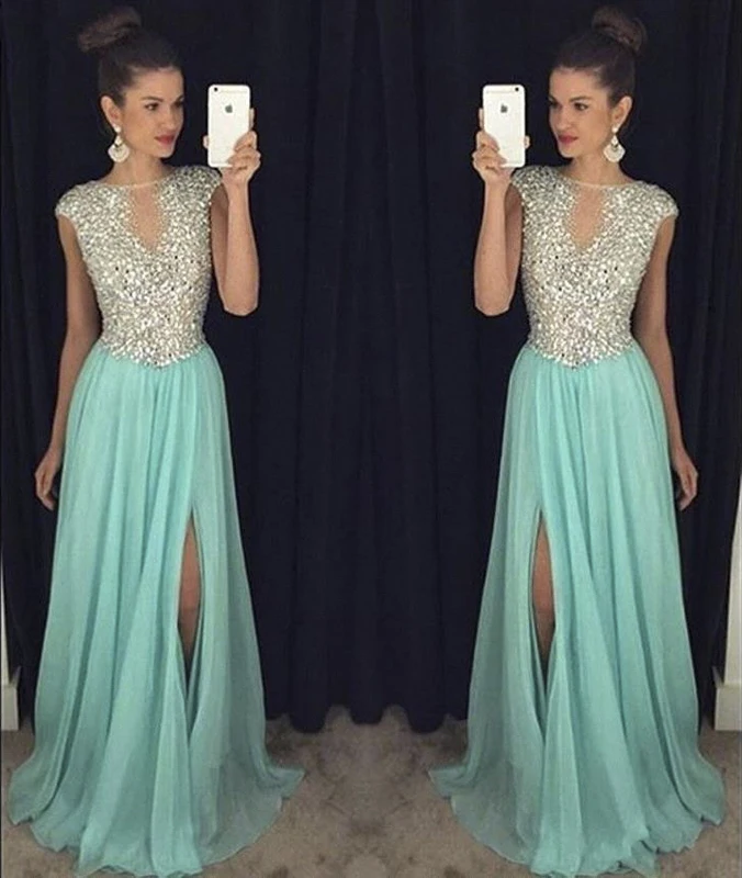 Женское вечернее платье Angel синее с разрезом украшенное бисером для свадьбы