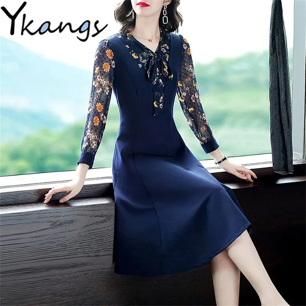 

Элегантная темно-синяя Офисная Женская одежда на весну и осень с цветочным принтом, сращивающиеся платья из двух частей, винтажное облегающ...