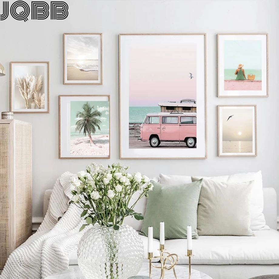 

Beige Grass Sunset Beach Palm Tree Car Wall Art Canvas Painting Nordic Posters And Prints Wall Pictures For Living Room Decor