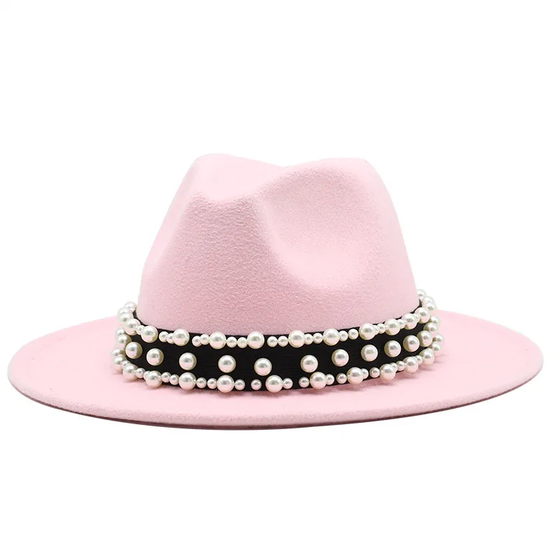 

Big size 56-61cm Hot Men Women Wide Brim Wool Felt Fedora Panama Hat Pearl belt Jazz Trilby Cap white/pink Party Formal Top Hat