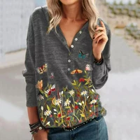 crop top women v neck long sleeve casual pullover blouse flowers butterflies print buttons collar women blouse ladies clothing