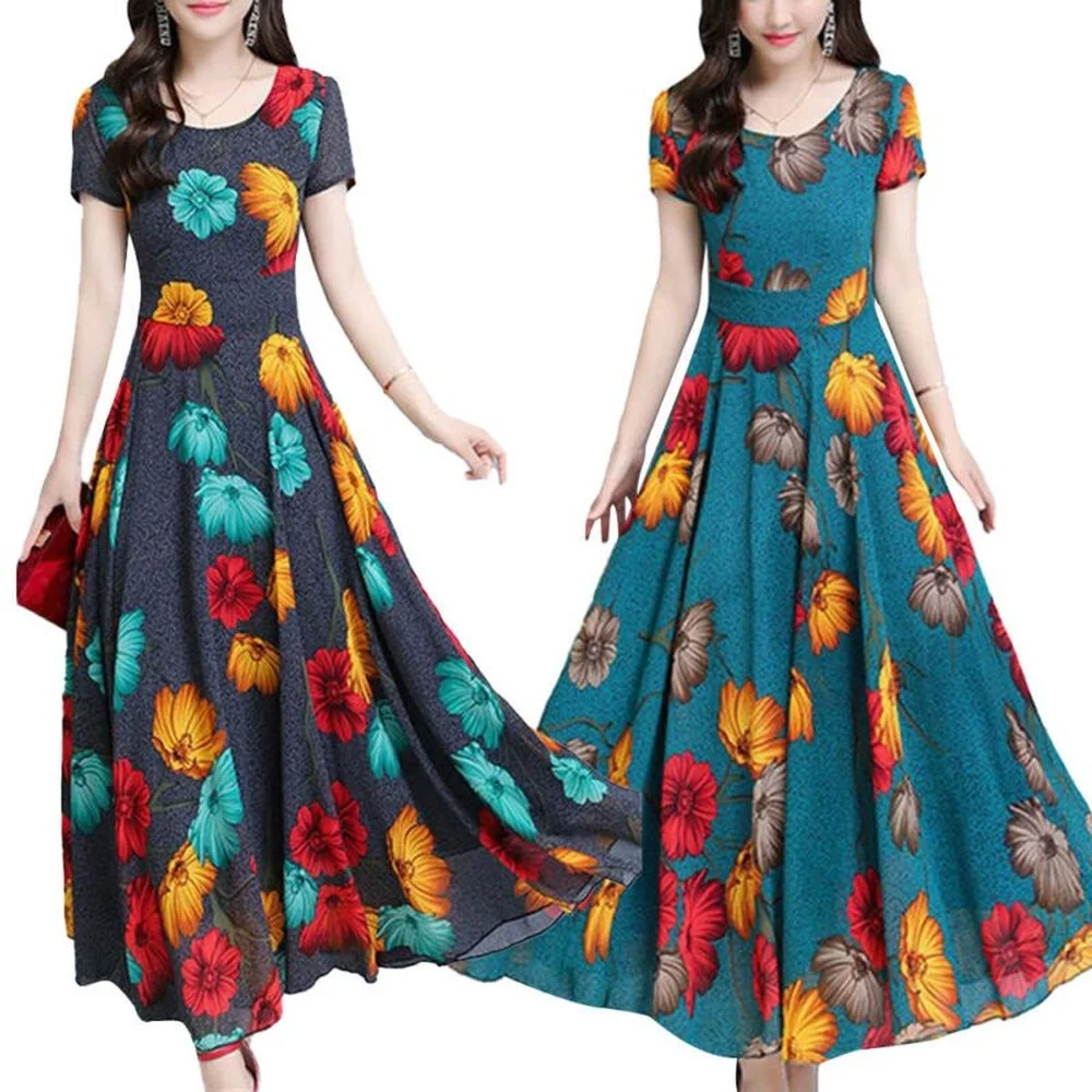 

Women's Short Sleeve Round Neck Long Dress Floral Draw Back Thin A-line Dress