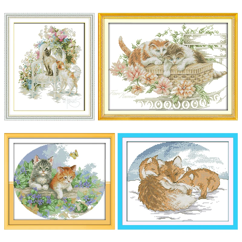 

Joy Sunday Naughty Kittens Stamped Embroidery Cross Stitch Kits Needlework Printing 11CT 14CT Counted Patterns Crafts Home Decor