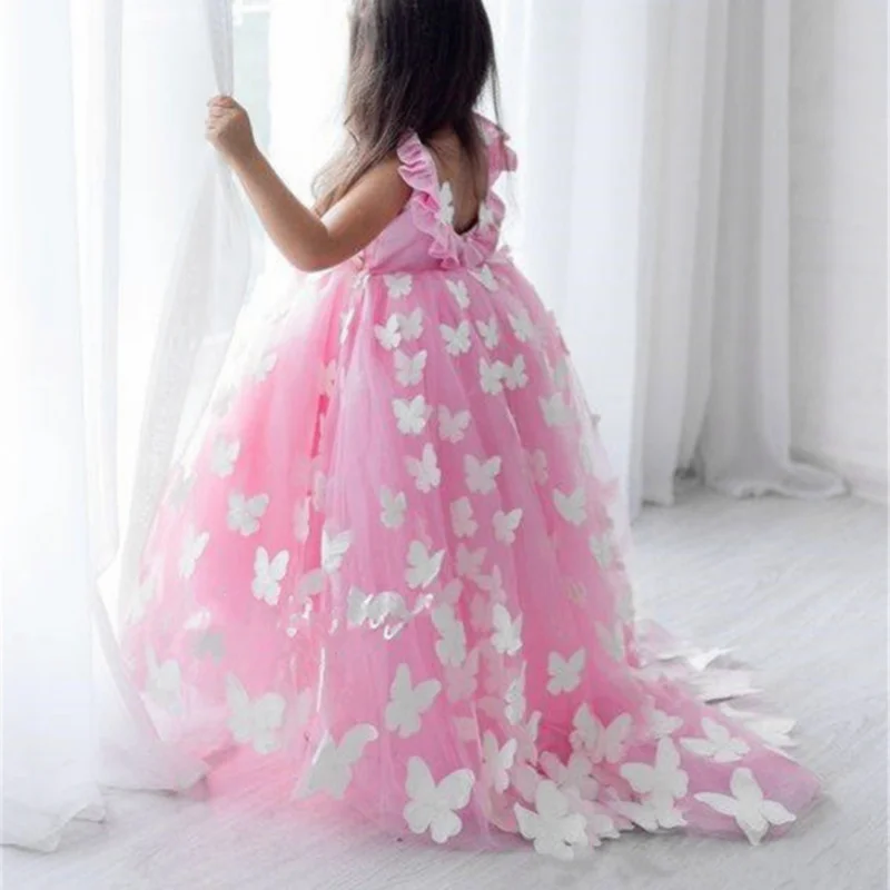 

New High Quality Girls Birthday Party Dress with Pearls Rose Red Puffy Tulle Flower Girl Dress with 3D Butterflies Vestidos