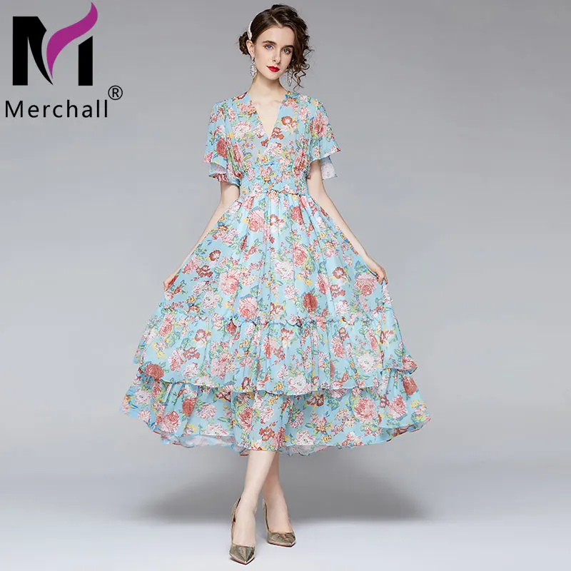 

Summer Boho Chiffon Ruffled Long Dress 2021 Woman Floral Print V Neck Batwing Sleeve Ball Gown Elastic Waist Maxi Dresses M68183