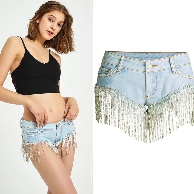 

2021 Fringe Girl Jeans Light Blue Women Short Jeans Low Waist Nightclub A Diamond Chain Hip Lift Sexy Wide Legs Summer