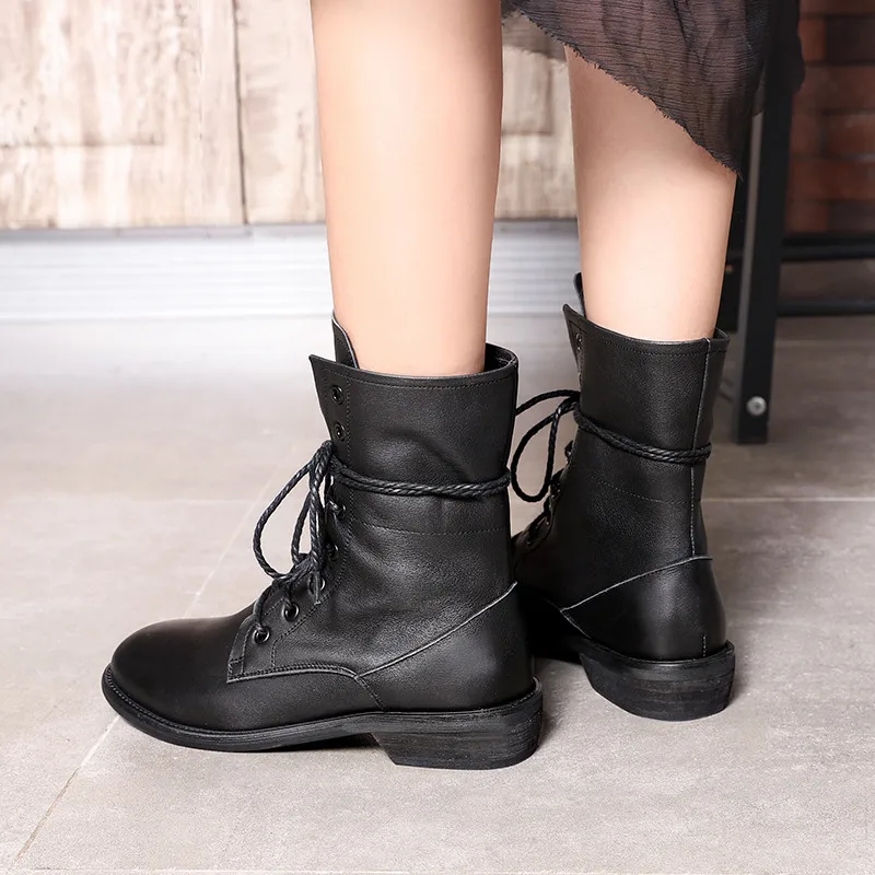 Harga Asumer Besar Ukuran 34-42 Fashion Kulit Asli Sepatu Renda Wanita Putaran Kaki Sepatu Bot Rendah Tumit Musim Gugur Sepatu Bot Musim Dingin Wanita
