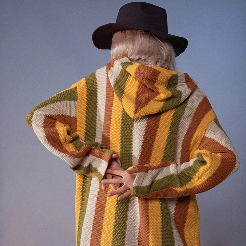 Shopping Online Custom Striped Knitted Bright Yellow Hoodies Pullover Sweater with Pocket |