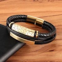 geometric pattern multi layer accessories black mens leather bracelet luxury jewelry valentines day gift free shipping