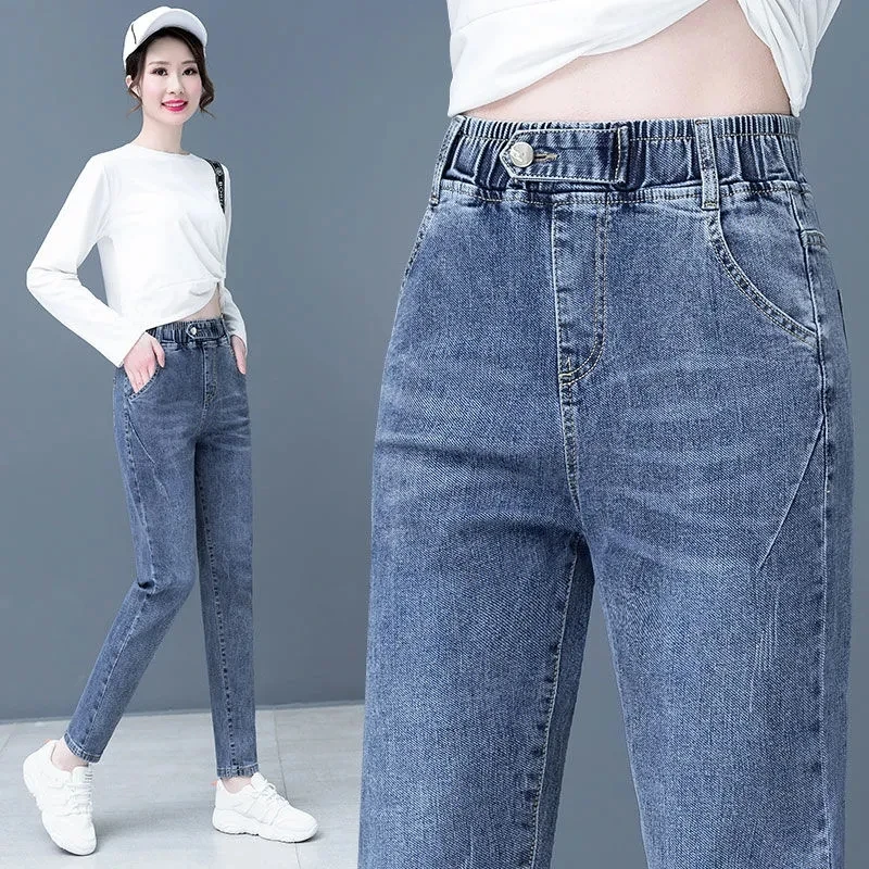 

New High Waist Elastic Jeans Women Plus Size Baggy Jeans Spring Autumn Washed Retro Denim Pant Blue/Black Grey Basic Trousers