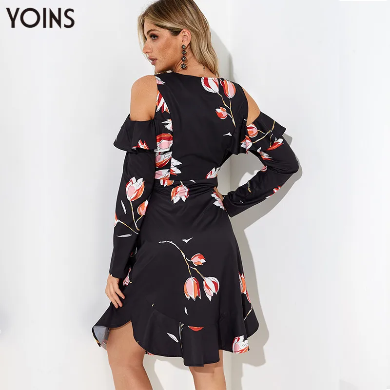 Женское винтажное платье YOINS черное до колена с оборками и цветочным принтом