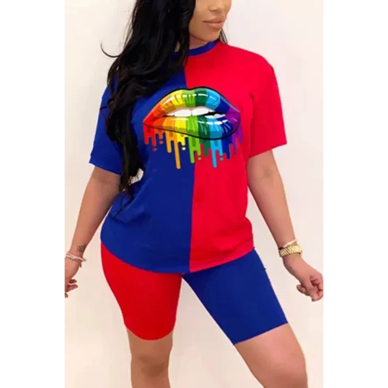 

New Summer Women Fashion Rainbow Lip Print Sportswear Top And Shorts 2pc Set Ladies Casual O-Neck Pullover Short Sleeve T-Shirt