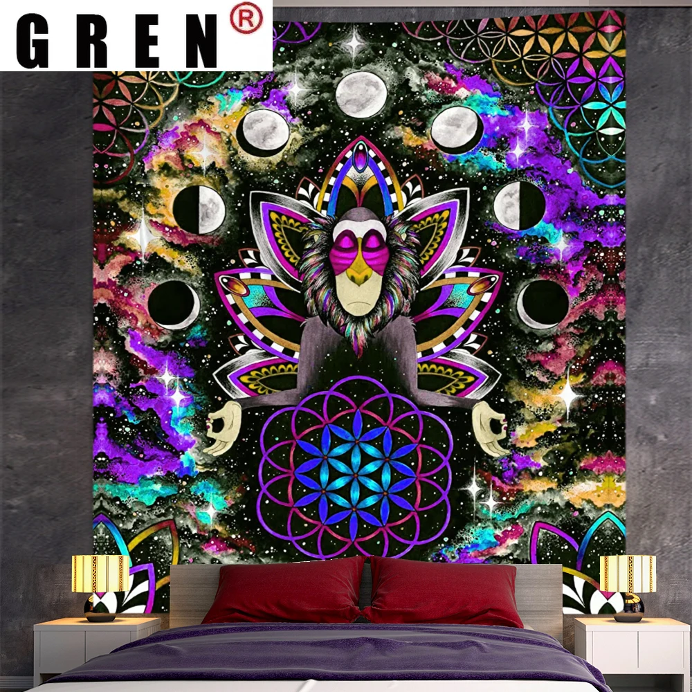 

GREN Animal Monkey Wolf Abstract Geometry Tapestry Hanging Rugs Background Cloth Beach Mat Blanket Art Living home Decor