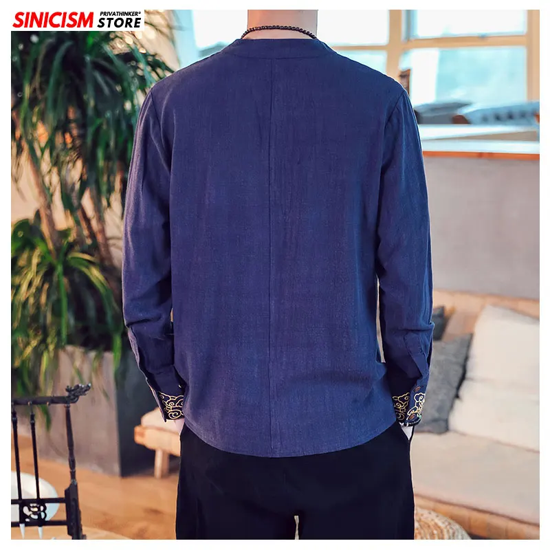 Sinicism Store 2020 Мужская льняная рубашка с воротником стойкой свободная вышивкой и