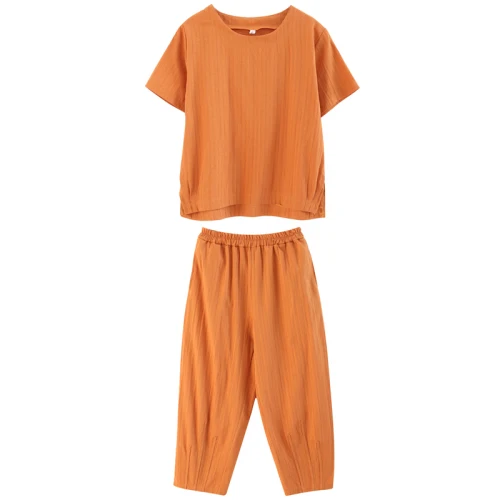 

Literary Women Two Piece Outfits Summer Yellow 2 Piece Set Top And Pants Vintage Top&pants Set Loose Women's Tracksuits