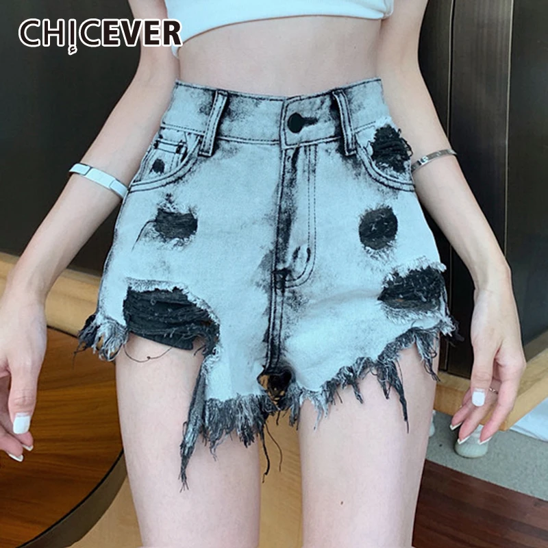 

CHICEVER Casual Patchwork Denim Shorts For Women High Waist Hole Irregular Tassel Pants Female Summer Fashion New Clothing 2021