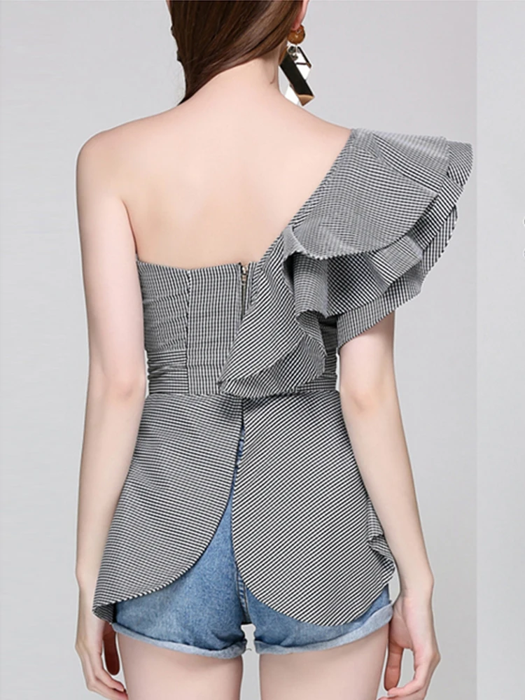 Женская Асимметричная рубашка Zou плиссированная клетчатая в виде листьев лотоса