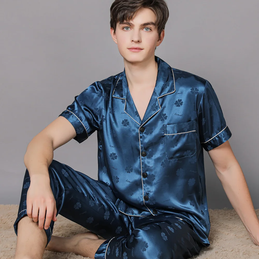 

Summer Thin Men Pajama Sets Fashion Print Ice Silk Pajamas Plus Size Men's Sets Casual Sleepwear Pijama+Long Pants Pyjama Sets
