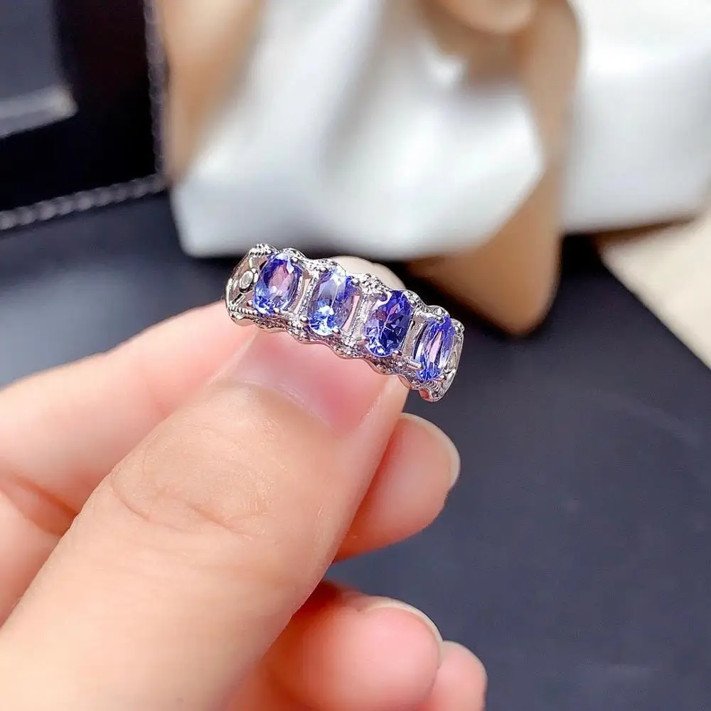 Luxurious width big Row Natural blue tanzanite gem ring S925 silver natural gemstone girl women party gift fine jewelry | Украшения и