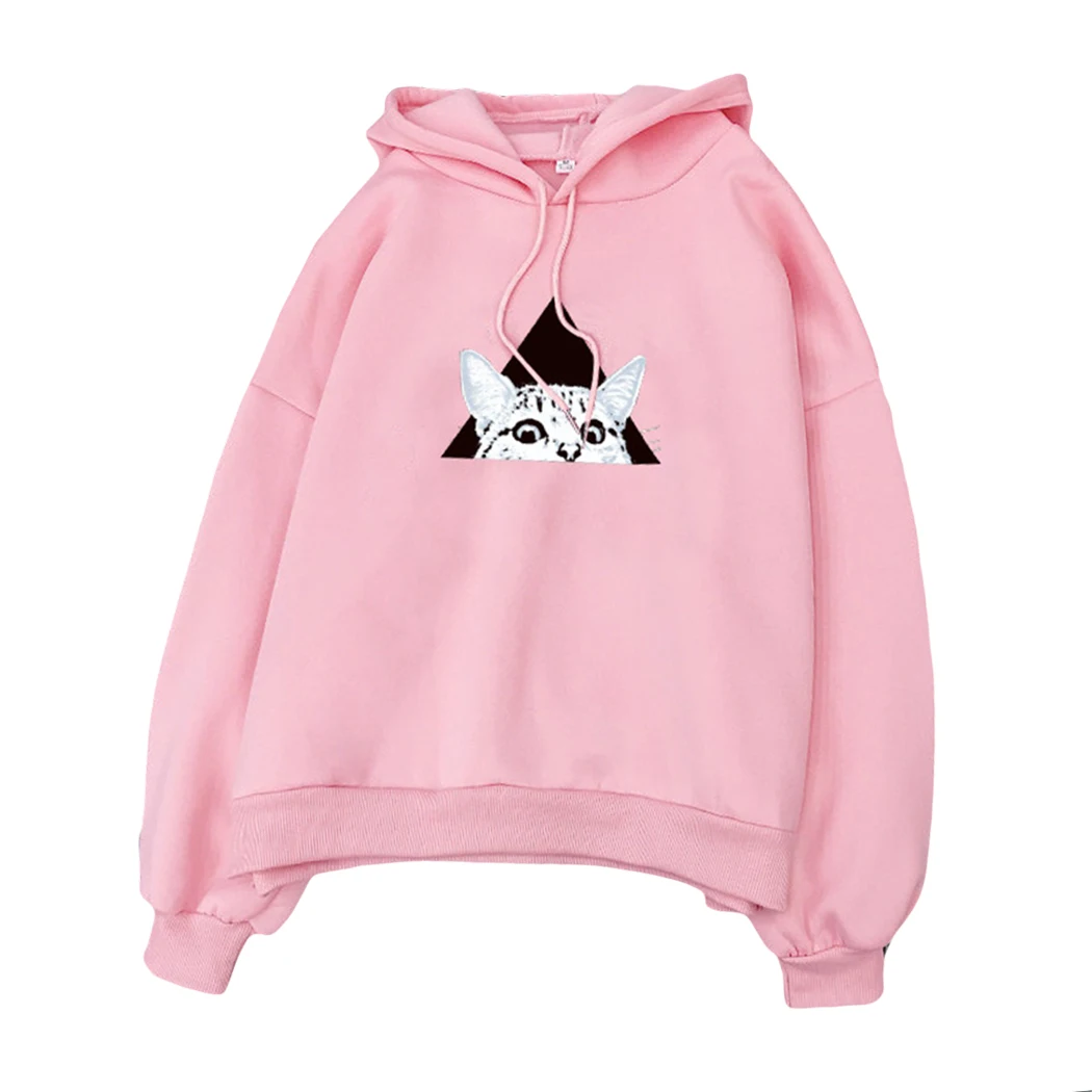 Pink Kawaii, Женская мультяшная толстовка с капюшоном, милые толстовки с принтом кота, Осень-зима, с длинным рукавом, свободная уличная одежда, пуловер, топы - Цвет: Pink